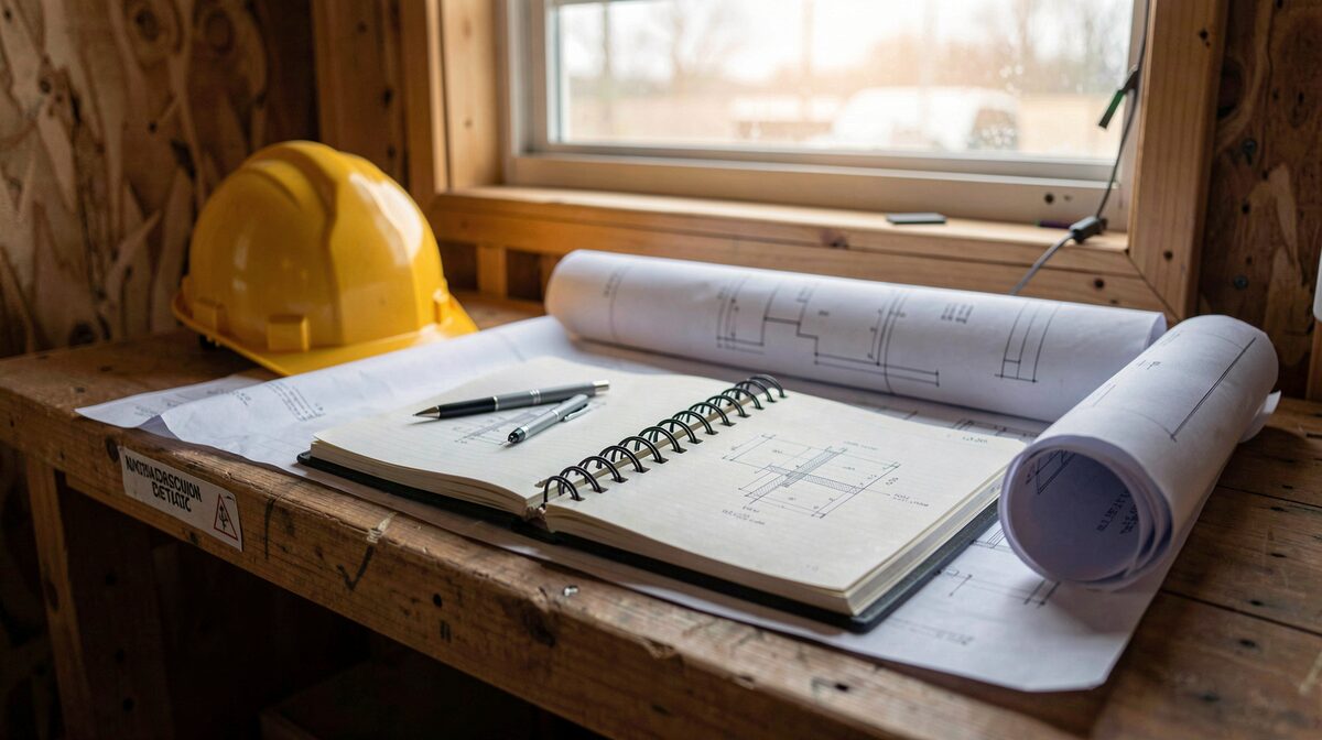 Un diario de obra abierto sobre una mesa de cabina de cantiere, con planos y un casco al lado, luz de mañana entrando por una ventana, encuadre cercano a nivel de mesa.
