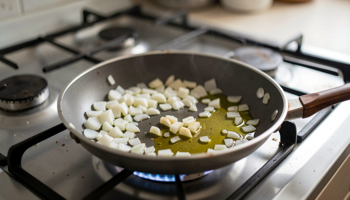 A shallow pan with chopped onion and garlic gently cooking in olive oil on a stovetop.