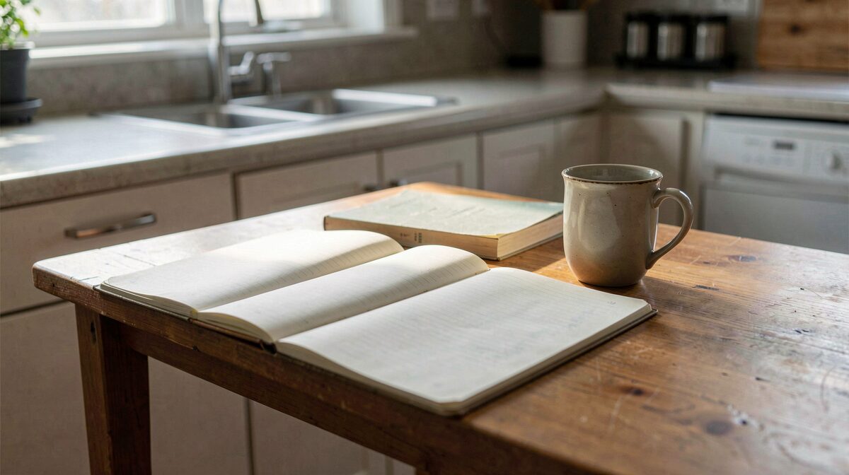 Una mesa de estudio junto a una cocina con un cuaderno abierto, un libro y una taza, luz de mañana lateral, encuadre cercano sobre la mesa.