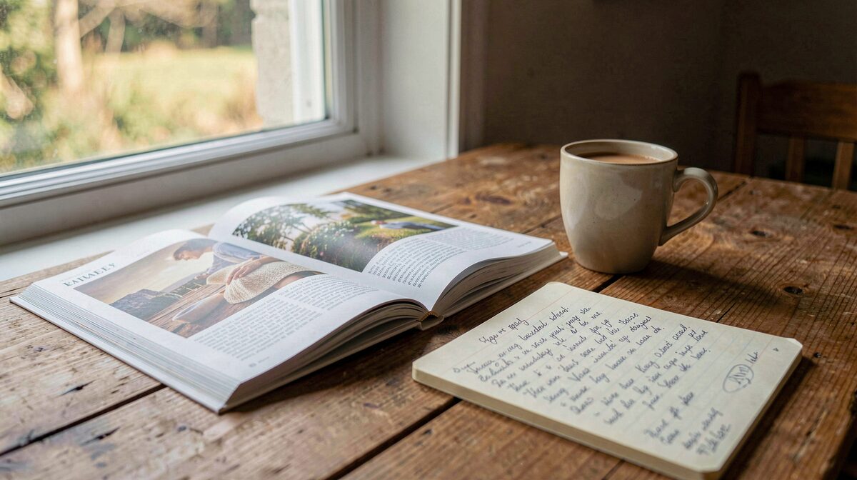 Una mesa de madera junto a una ventana con luz de mañana, una revista abierta, una taza de café y un cuaderno con notas
