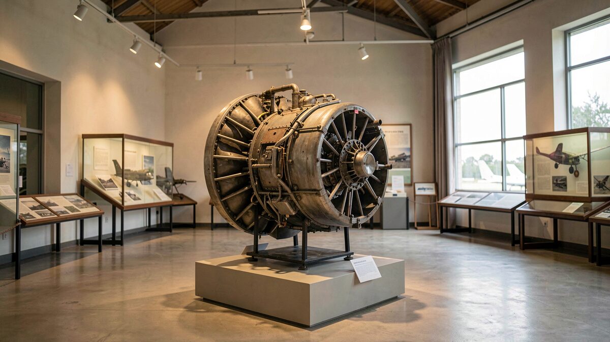 Interior de un museo de aviación pequeño, un motor de avión sobre pedestal bajo luz de focos cálidos, encuadre horizontal a nivel de ojo.