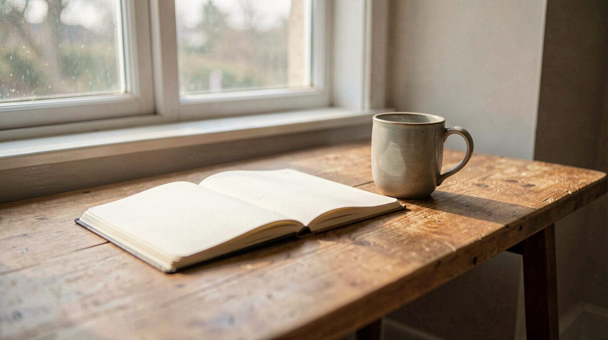 Escritorio de madera junto a una ventana con luz de mañana, un cuaderno abierto y una taza sobre la mesa, encuadre a media distancia.