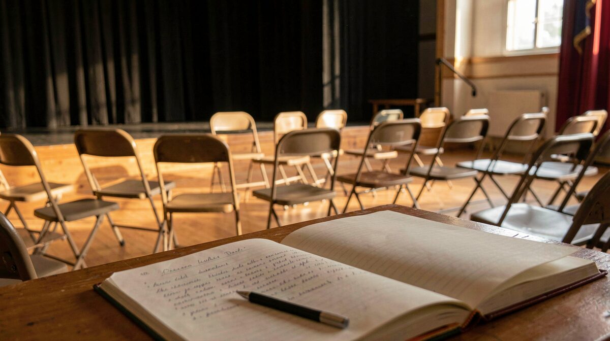Un escenario vacío de teatro comunitario con sillas plegables, luz cálida lateral de tarde y un cuaderno de ensayo abierto en primer plano.