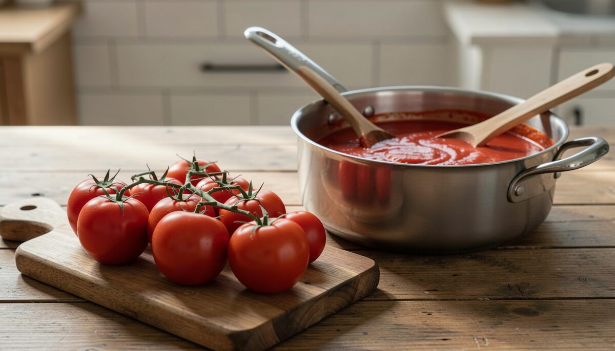 Whole ripe tomatoes on a wooden board beside a saucepan of tomato sauce and a wooden spoon.