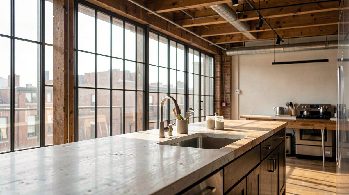 Cocina abierta en un loft con ventanales industriales, luz de mañana entrando en ángulo, plano medio de la encimera con utensilios y vistas a vigas de madera