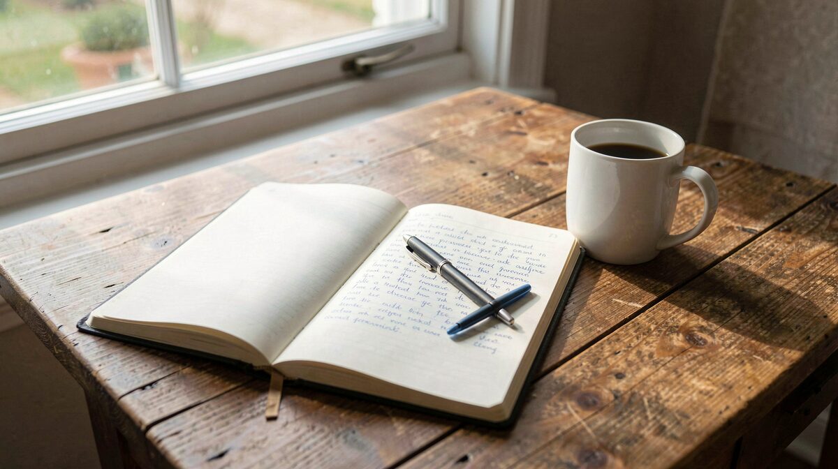 Una mesa de madera junto a una ventana con luz de mañana, con un cuaderno abierto, un bolígrafo y una taza, encuadre cenital.