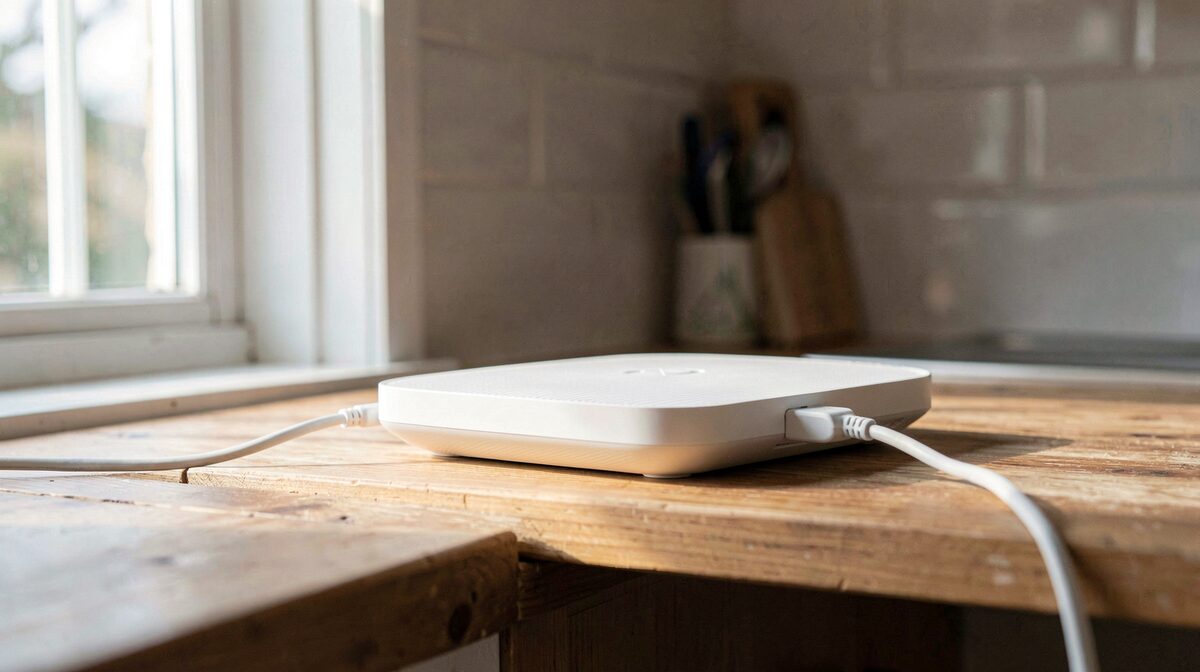 Un router Wi-Fi sobre una estantería de cocina, luz natural lateral, plano cercano con el cable conectado.