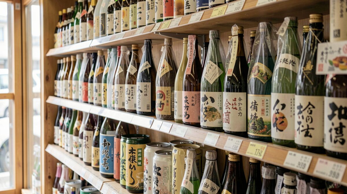 Una estantería de tienda de licores japonesa con botellas de sake de etiquetas variadas, luz natural suave desde la izquierda, encuadre frontal a nivel de los ojos.